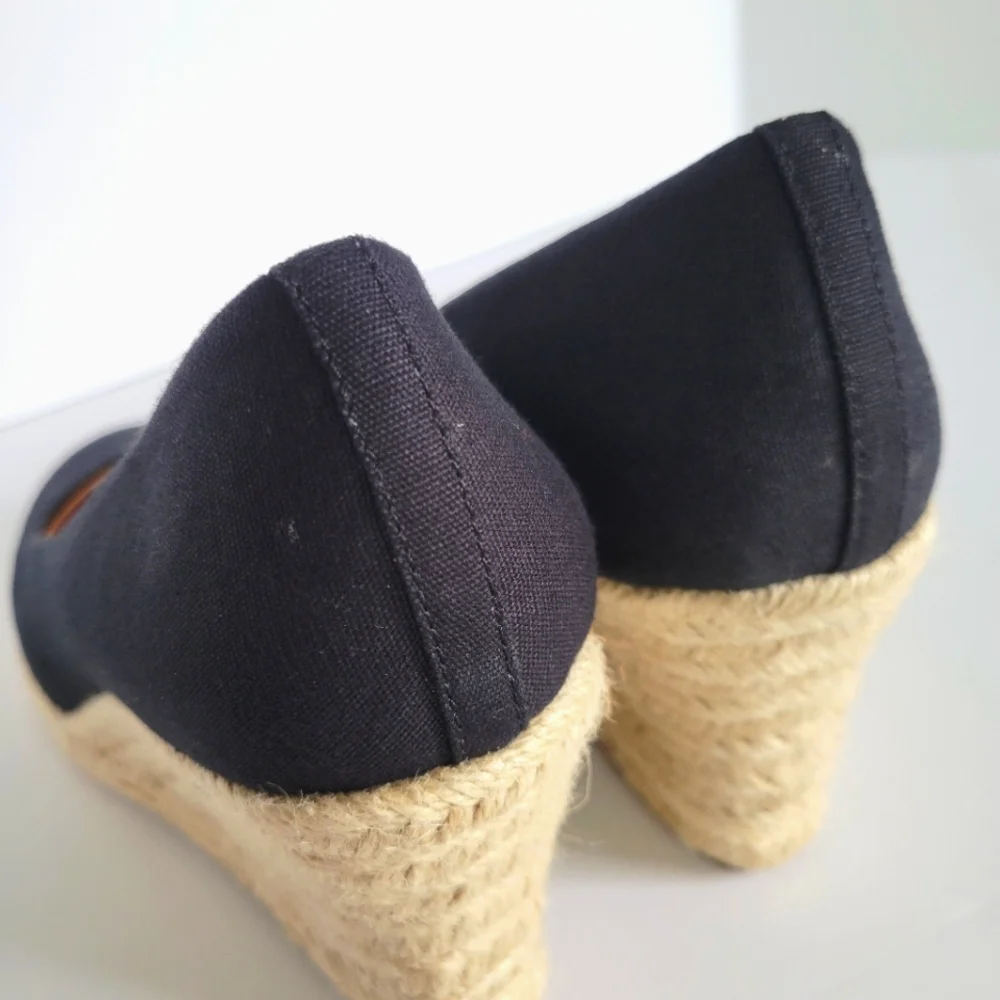 J. Crew Black Canvas Espadrille Wedge Pumps with Natural Jute